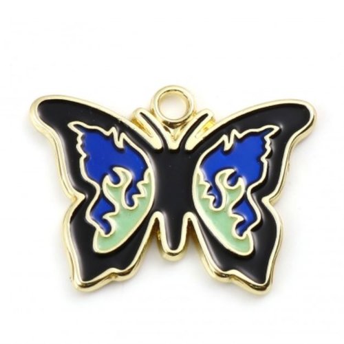 1 breloque - pendentif - papillon - bleu et noir - r166