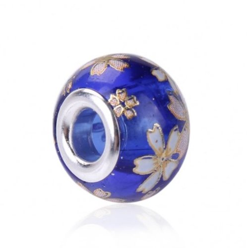 1 perle en verre tensha bleu saphir - "style européen " - fleurs sakura - 14 mm - p2629
