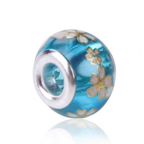 1 perle en verre tensha bleu lac - "style européen " - fleurs sakura - 14 mm - p2630
