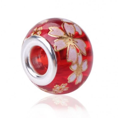 1 perle en verre tensha rouge - "style européen " - fleurs sakura - 14 mm - p2640