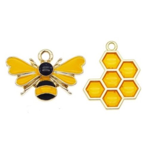1 breloque pendentif abeille et alvéole - emaillé jaune