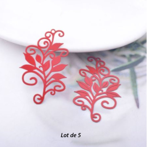 Lot de 5 pendentifs breloques - feuille - rouge - filigrane - laser cut