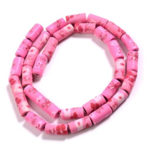 2 perles tube en pâte polymère - fantaisie rose - p189-6