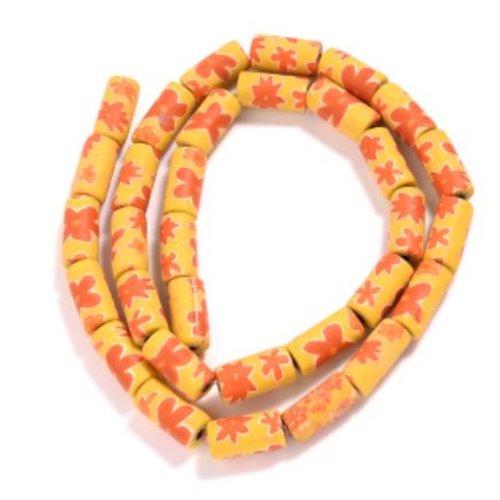 2 perles tube en pâte polymère - fantaisie jaune et orange - p189-4