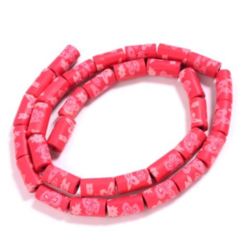 2 perles tube en pâte polymère - fantaisie fuchsia rose - p189-1