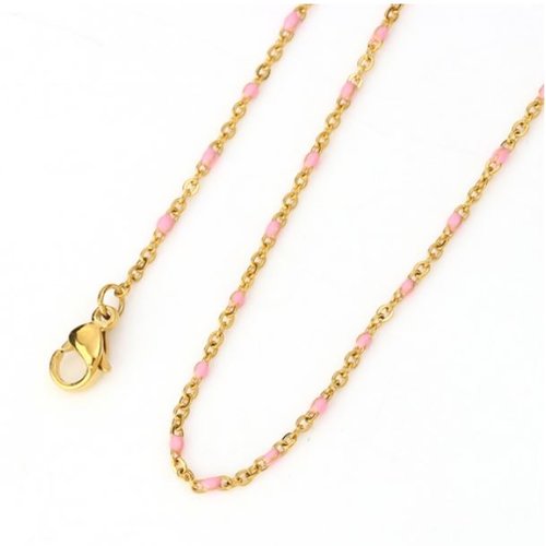 1 collier chaîne maille forçat - perle rose - acier inoxydable -  couleur métal doré - 45.5 cm - r287