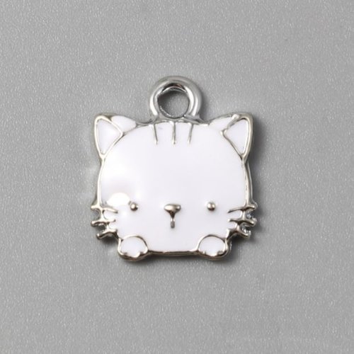1 breloque pendentif - tête de chat - blanc - métal argenté -r758