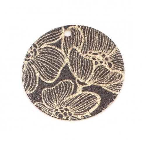 1 pendentif rond - emaillé - fleurs - métal doré - r248