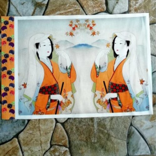 1 coupon tissu / appliqué / vignette - 24 x 35 cm - asie - geisha - kokeshi