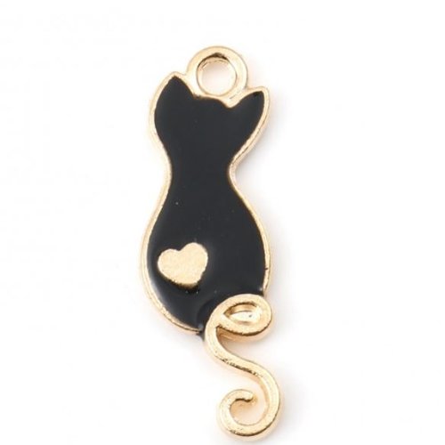 1 breloque pendentif chat noir - coeur - emaillé - métal couleur doré