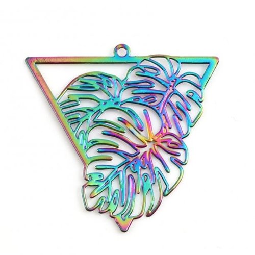 1 pendentif breloque triangle feuille tropicale - irisée -  filigrane - laser cut - r934