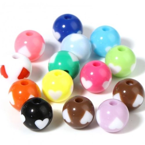 Lot de 10 perles en acrylique - coeur - rondes - 12 mm - multicolore