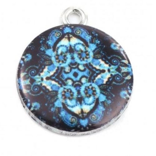 1 pendentif breloque - style mandala - emaillé bleu - métal argenté - r091