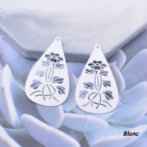 1 pendentif breloque - estampe - fleur - hibiscus blanc - filigrane - laser cut