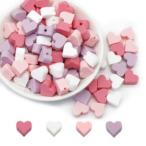 Lot de 4 perles coeur en silicone - 14 mm - blanc - rose - parme - fuchsia