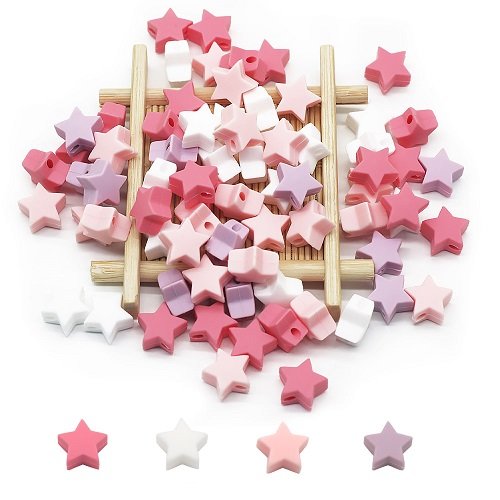 Lot de 4 perles etoile en silicone - 14 mm - blanc - rose - parme - fuchsia