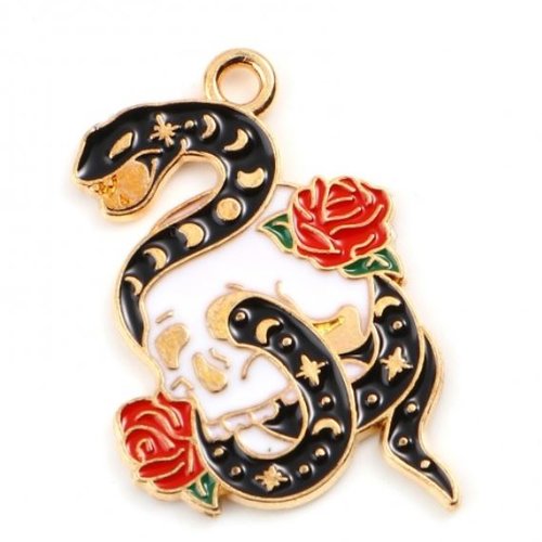 1 breloque - pendentif - serpent - rose - emaillé métal doré