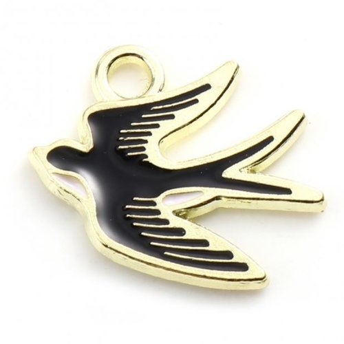 1 breloque - pendentif - oiseaux - hirondelle - emaillé métal doré - r546