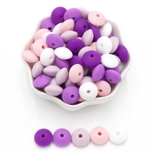 Lot de 10 perles lentilles en silicones - 12 x 7 mm - parme - rose - violet - prune - blanc - r140
