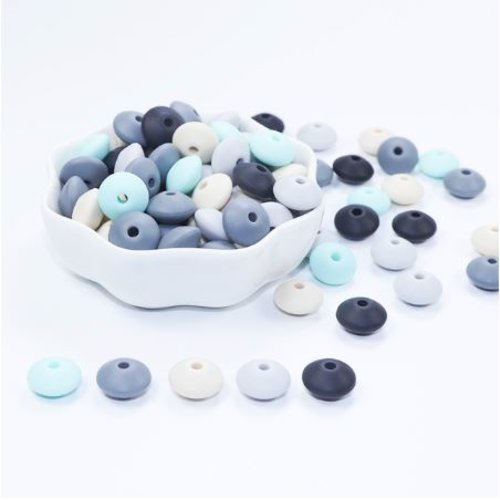 Lot de 10 perles lentilles en silicones - 12 x 7 mm - vert - beige - gris - noir - r160