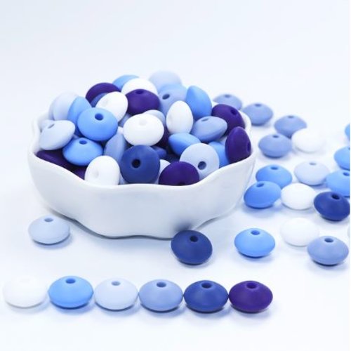 Lot de 12 perles lentilles en silicones - 12 x 7 mm - bleu et blanc - r170