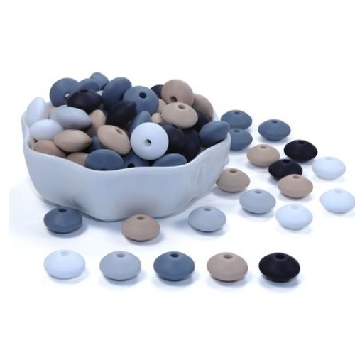 Lot de 10 perles lentilles en silicones - 12 x 7 mm - blanc - beige - gris - noir - r180