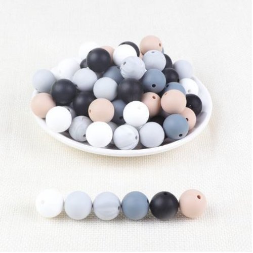 Lot de 12 perles en silicones - 12 mm - blanc - beige - gris - noir - r190