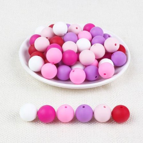Lot de 12 perles en silicones - 12 mm - rouge - fuchsia - rose - violet - blanc et rose  - r210