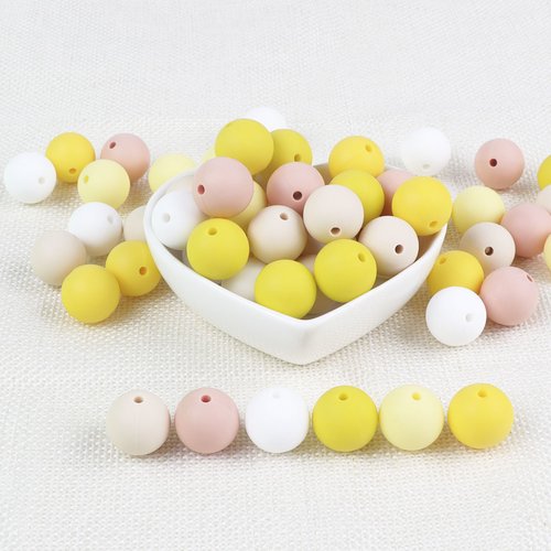 Lot de 12 perles en silicones - 12 mm - jaune - beige - blanc - r220