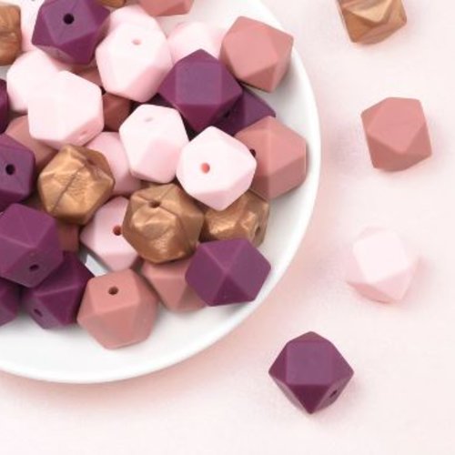Lot de 4 perles en silicones hexagonales - 14 mm - rose - aubergine - cuivre - r190
