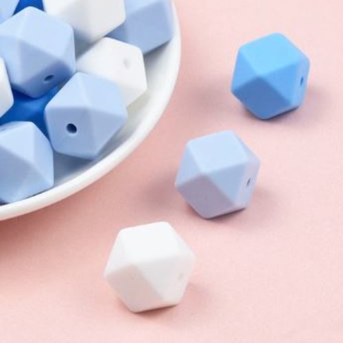 Lot de 3 perles en silicones hexagonales - 14 mm - bleu et blanc - r210