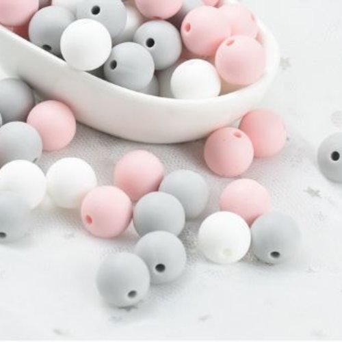 Lot de 3 perles en silicones - 12 mm - rose - gris - blanc - r300