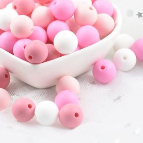 Lot de 3 perles en silicones - 12 mm - rose - fuchsia - blanc - r310