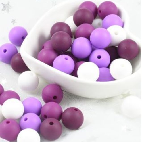 Lot de 4 perles en silicones - 12 mm - prune - violet - blanc - bordeaux - r320