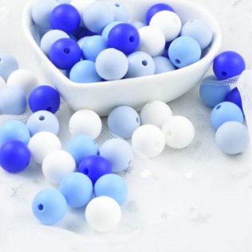 Lot de 4 perles en silicones - 12 mm - bleu - blanc - r340