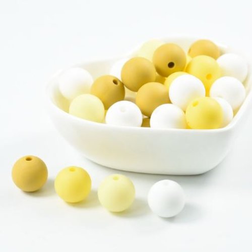 Lot de 4 perles en silicones - 12 mm - jaune - moutarde - blanc - r350