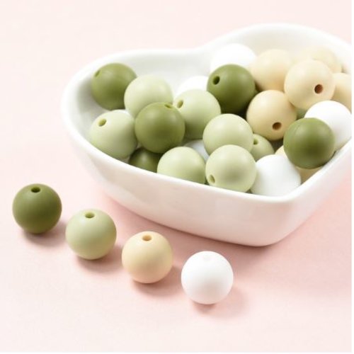 Lot de 4 perles en silicones - 12 mm - vert - kaki - beige - blanc - r360