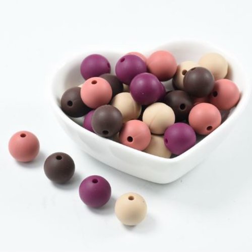 Lot de 4 perles en silicones - 12 mm - prune - tara cotta  - beige - marron - r370