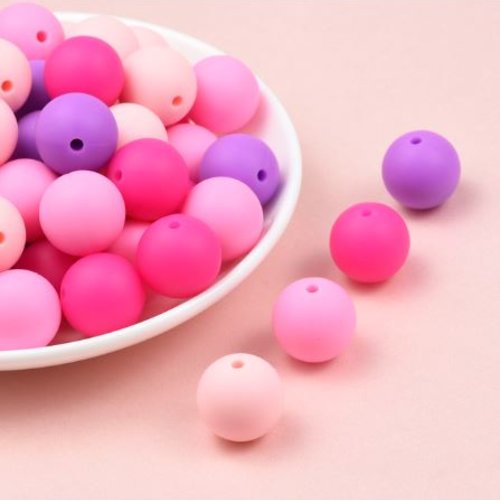 Lot de 4 perles en silicones - 12 mm - fuchsia - rose - violet - r390