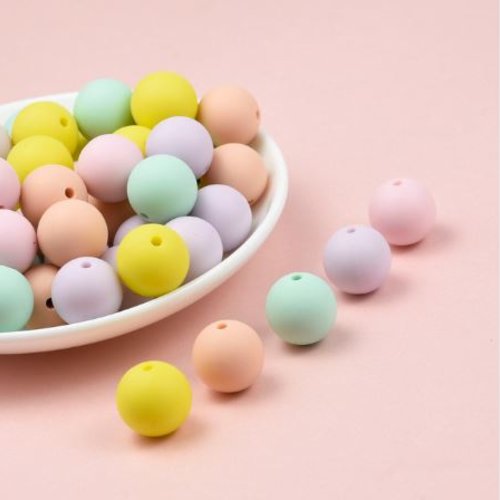 Lot de 5 perles en silicones - 12 mm - rose - parme - jaune - saumon - vert - r380