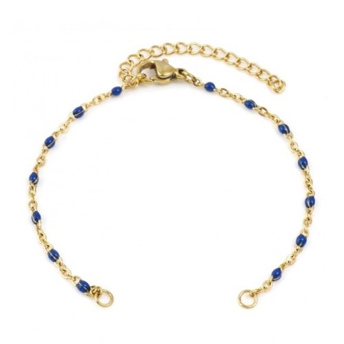 1 bracelet chaîne maille forçat - perle incrustée bleue - acier inoxydable 304 -  couleur métal doré - 16 cm - r619