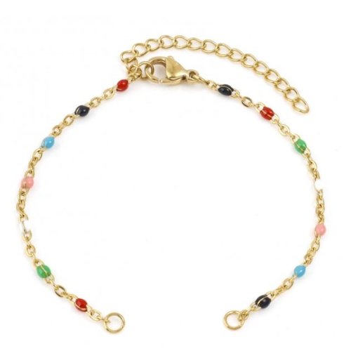1 bracelet chaîne maille forçat - perle incrustée multicolore - acier inoxydable 304 -  couleur métal doré - 16 cm - r618