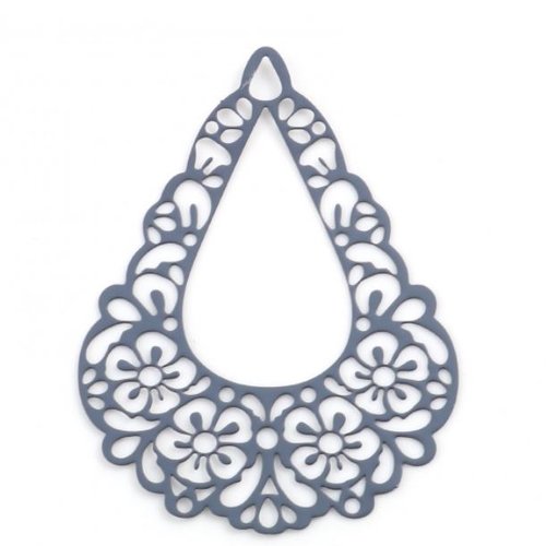1 pendentif estampe en filigrane - goutte - fleurs -  gris - r170