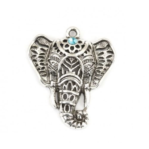 1 pendentif tête d'eléphant en métal argenté vieilli - strass bleu