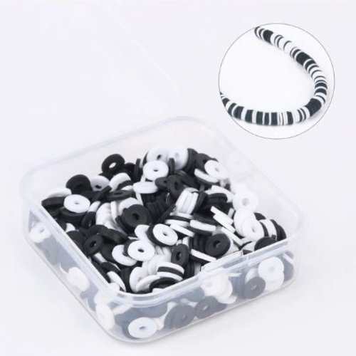 1 boite de 500 perles heishi - rondelles en pâte polymère - 6 mm - tons noir et blanc - r392