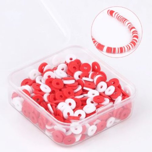 1 boite de 500 perles heishi - rondelles en pâte polymère - 6 mm - tons rouge et blanc - r393