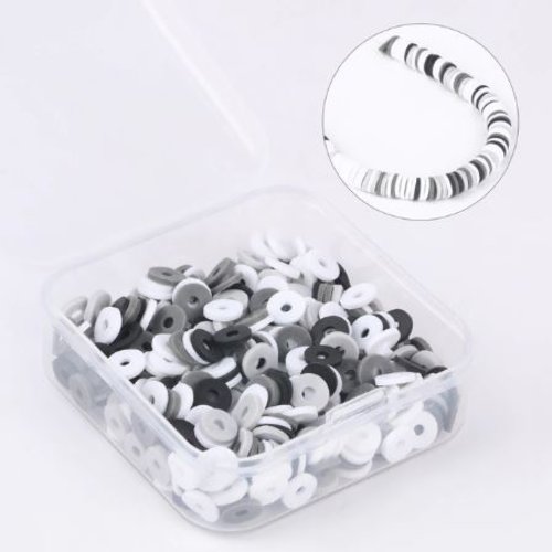 1 boite de 500 perles heishi - rondelles en pâte polymère - 6 mm - tons noir - gris et blanc - r394