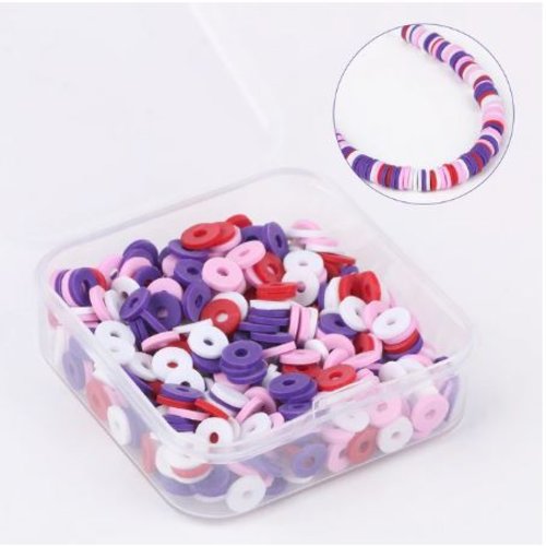 1 boite de 500 perles heishi - rondelles en pâte polymère - 6 mm - tons rouge - rose - violet et blanc - r397
