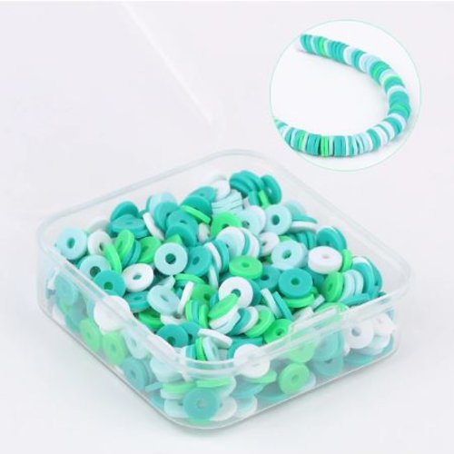 1 boite de 500 perles heishi - rondelles en pâte polymère - 6 mm - tons vert et blanc - r400