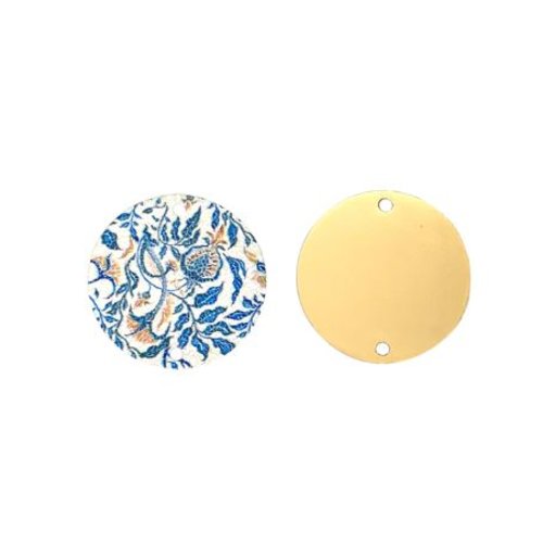 1 pendentif connecteur rond - emaillé - fleur bleu et or - métal doré